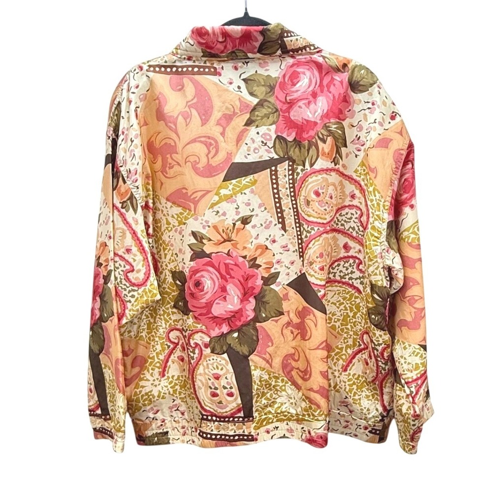 Vintage EVR Silk Bomber Jacket Large Pink Floral Pastel Paisley 90s Windbreaker - Picture 2 of 8